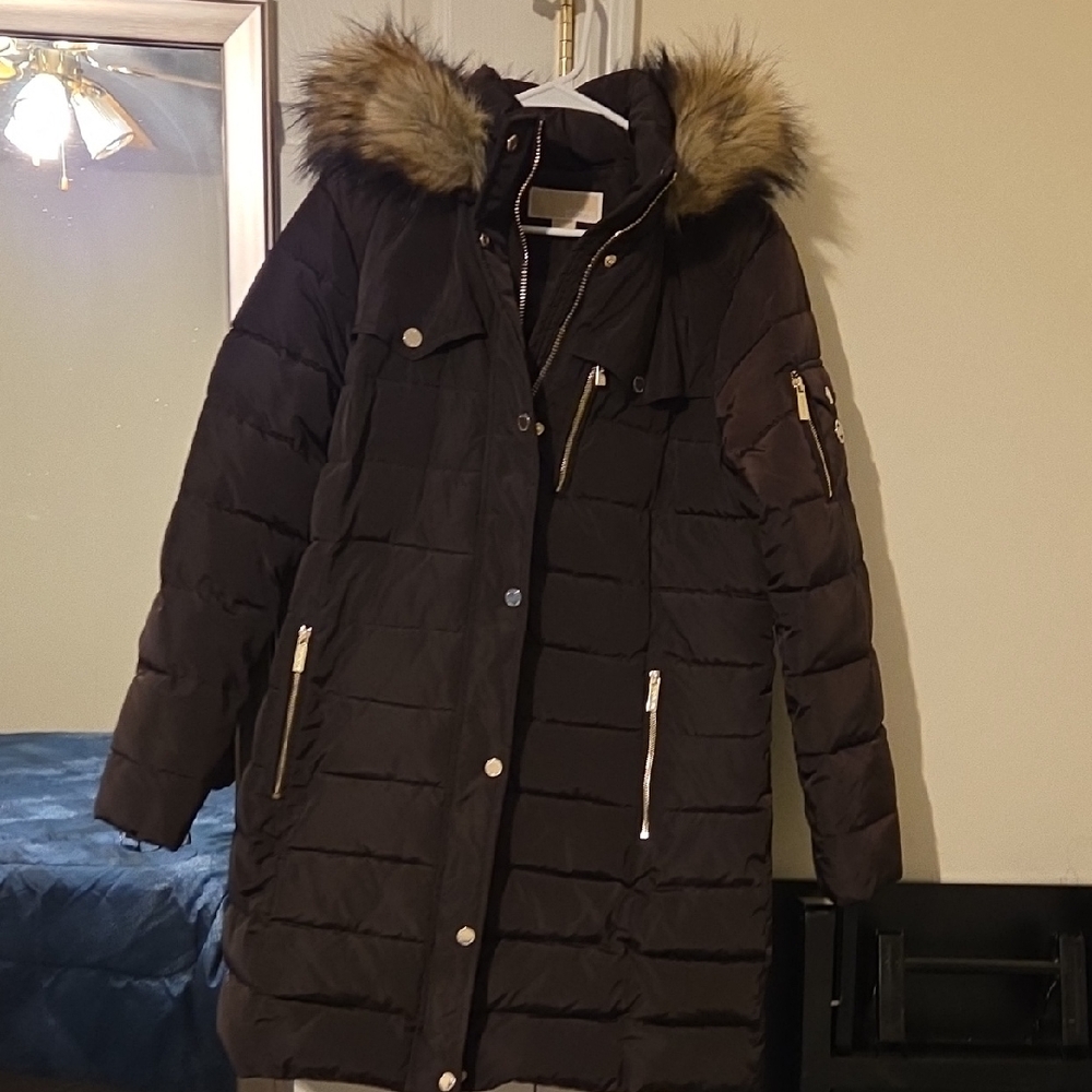 Michael Kors Chocolate Puffer Jacket with Faux Fur Trim